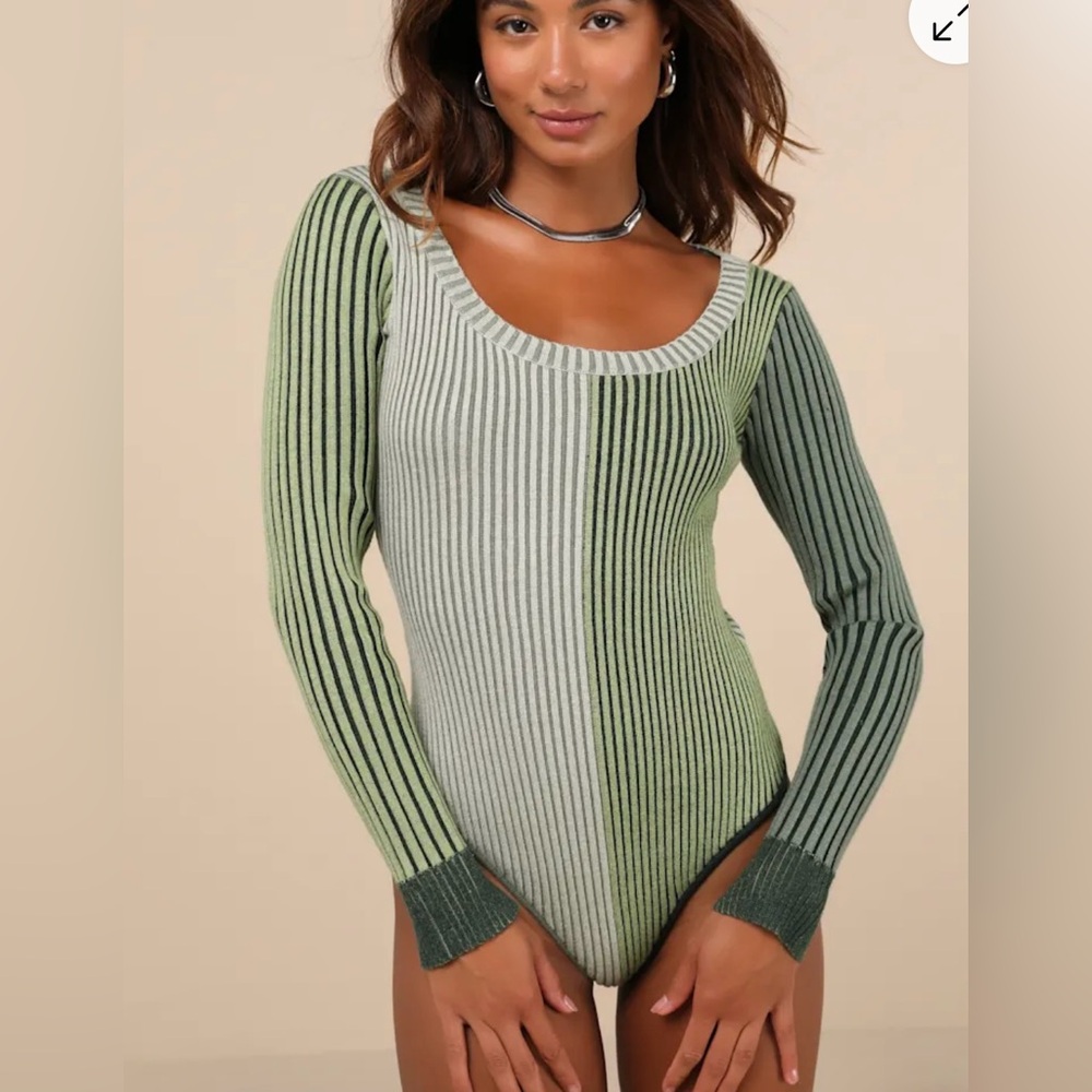 Lulu's Two-Tone Green Ribbed Long Sleeve Bodysuit